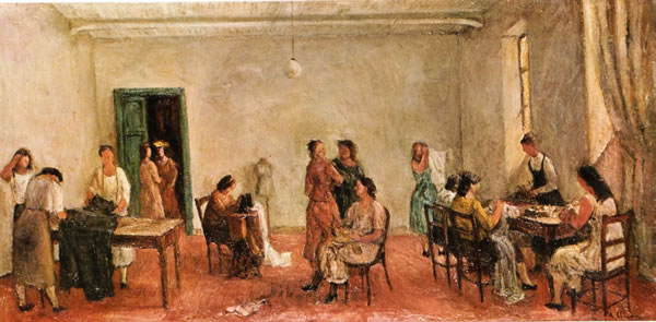 Sartoria, 1943, olio cm 41x82, eposto Galleria Forti (Na), personale 1944, Napoli, collezione Armiero, già collezione Apicella